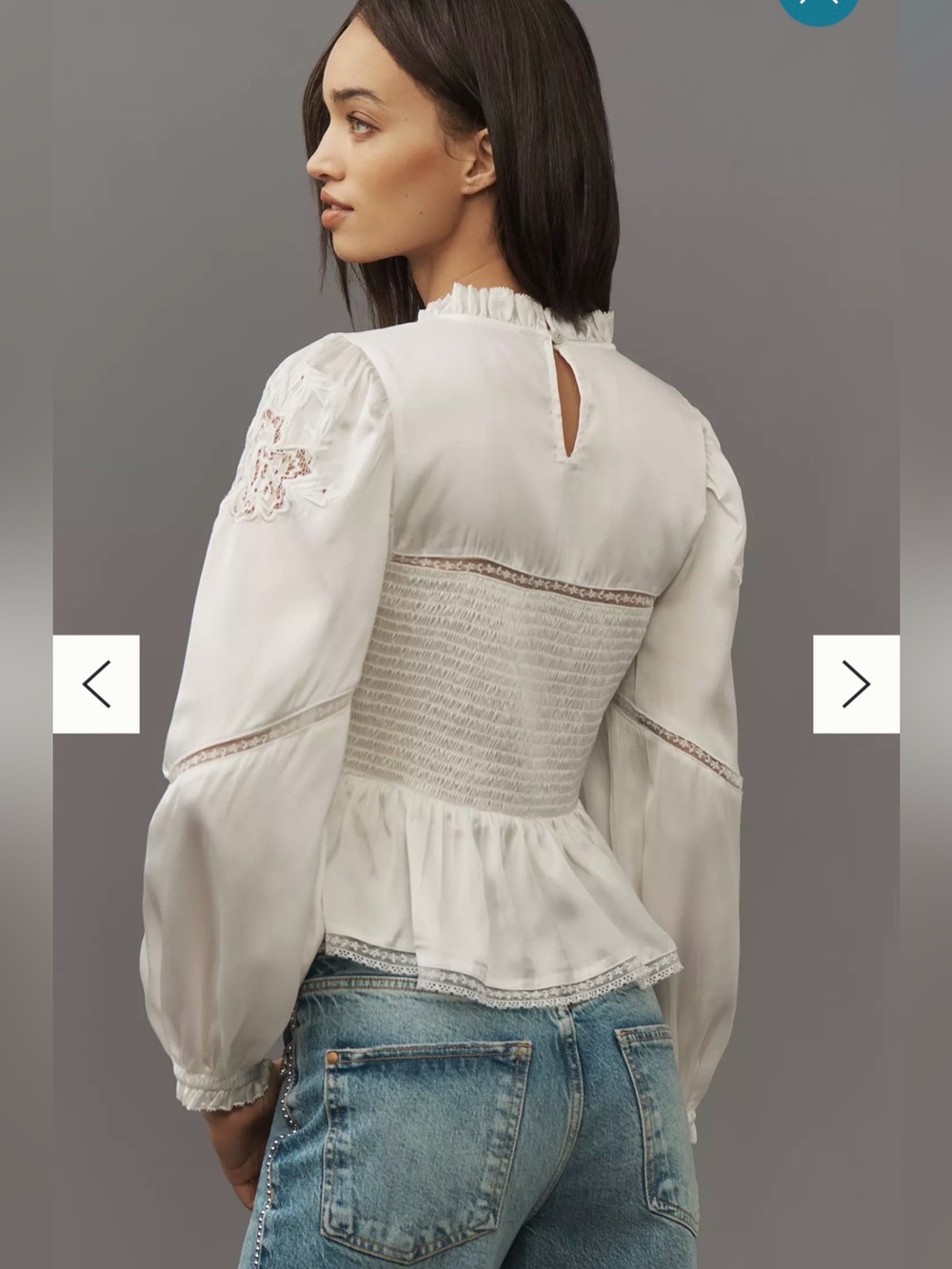 Anthropologie Long-Sleeve Smocked Blouse in White Size Medium - Picture 2 of 7
